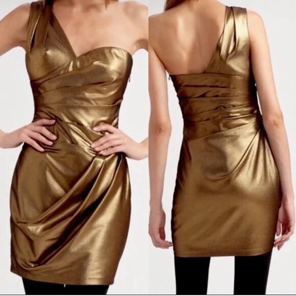 ROBERT RODRIGUEZ Metallic Mini Cocktail Dress One Shoulder Sheath Bronze Size 0 - Picture 3 of 16